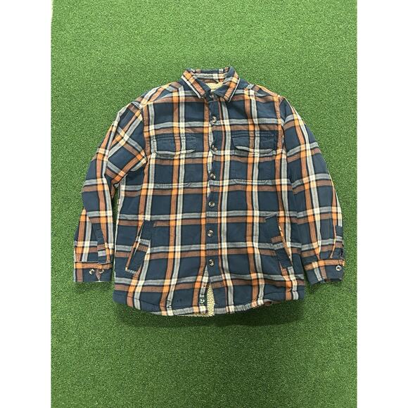 Outdoor Life Sherpa Lined Flannel Shirt Jacket Blue And Orange Plaid Pattern - Picture 1 of 6